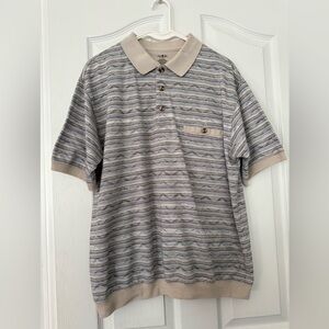 David Taylor Men's Polo Shirt - Beige and Gray Stripes Large